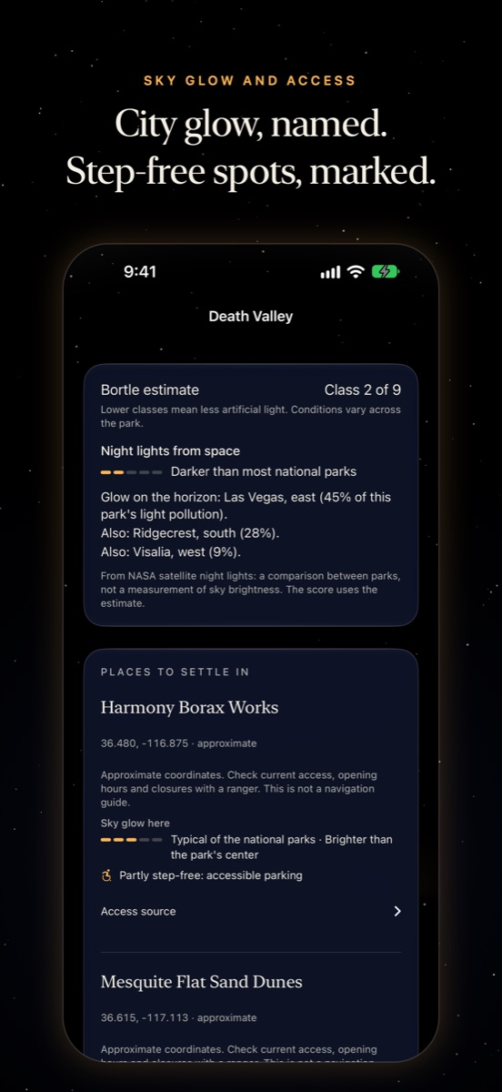 Sky glow from NASA night-lights data, with the towns whose glow rises on the horizon, and step-free viewing spots.